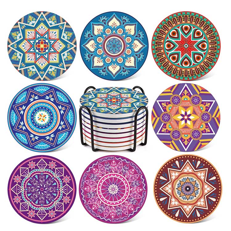 Set Coasters Minuman Keramik Penyerap Gaya Mandala